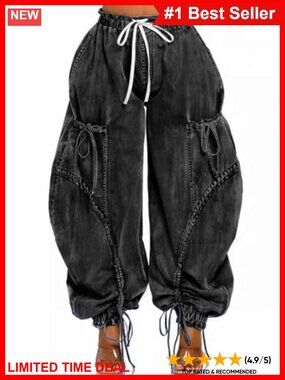 High Waisted Baggy Cargo Jogger Jeans Wide Leg Drawstring Pockets Loose